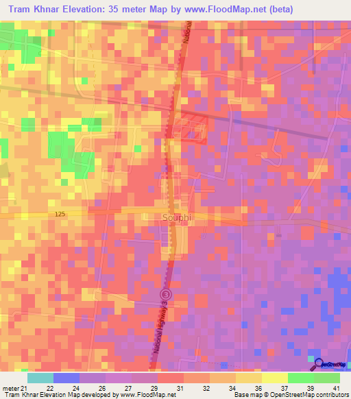 Tram Khnar,Cambodia Elevation Map