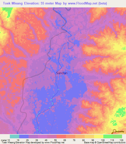 Toek Mleang,Cambodia Elevation Map