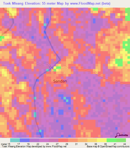 Toek Mleang,Cambodia Elevation Map