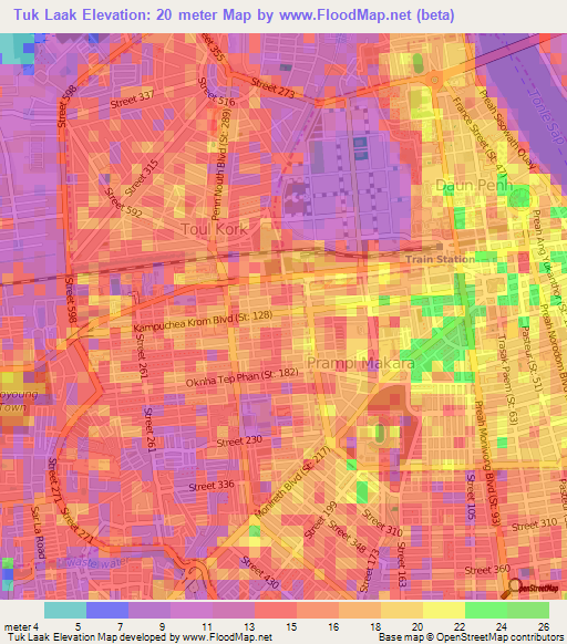 Tuk Laak,Cambodia Elevation Map