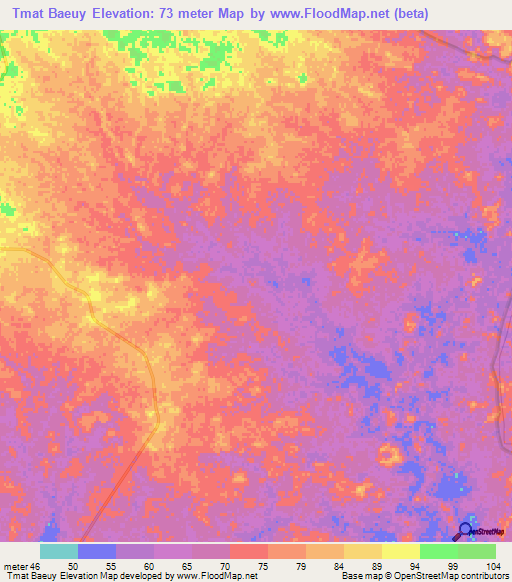 Tmat Baeuy,Cambodia Elevation Map