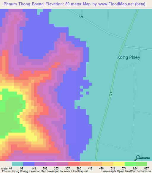 Phnum Tbong Boeng,Cambodia Elevation Map