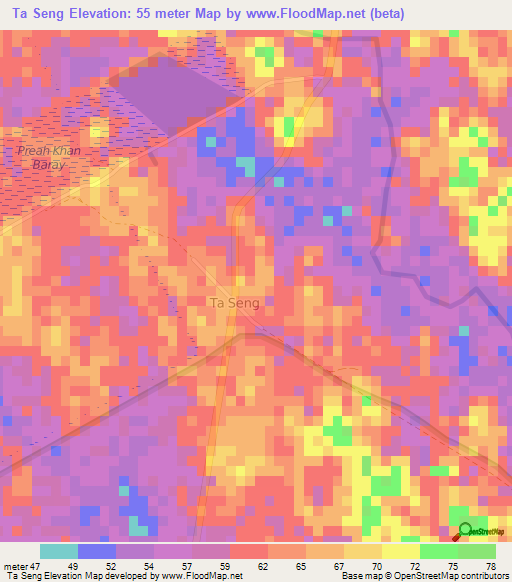 Ta Seng,Cambodia Elevation Map