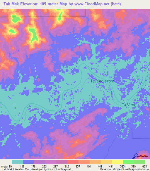 Tak Mak,Cambodia Elevation Map