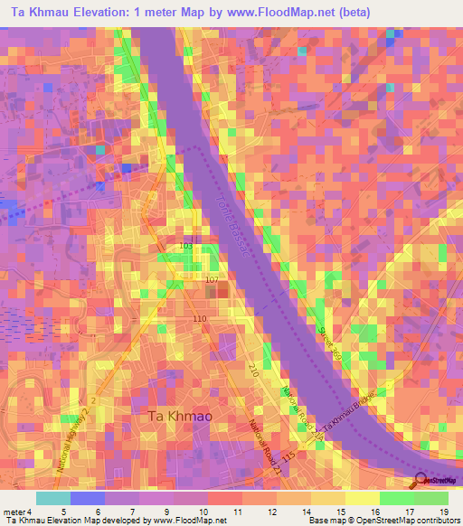 Ta Khmau,Cambodia Elevation Map