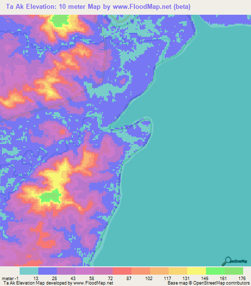 Ta Ak,Cambodia Elevation Map