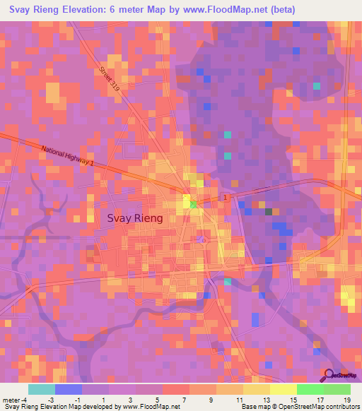 Svay Rieng,Cambodia Elevation Map