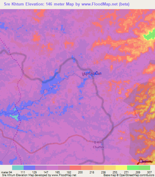 Sre Khtum,Cambodia Elevation Map