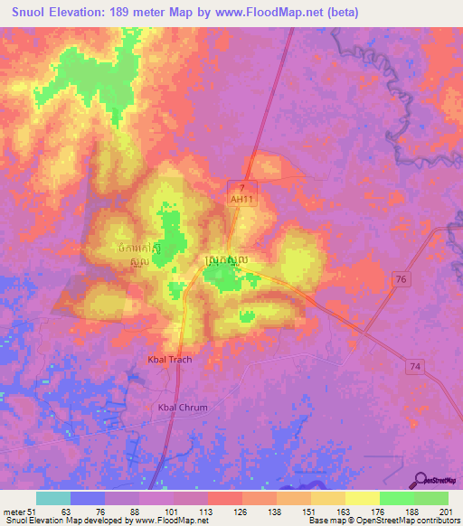Snuol,Cambodia Elevation Map