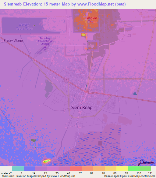 Siemreab,Cambodia Elevation Map