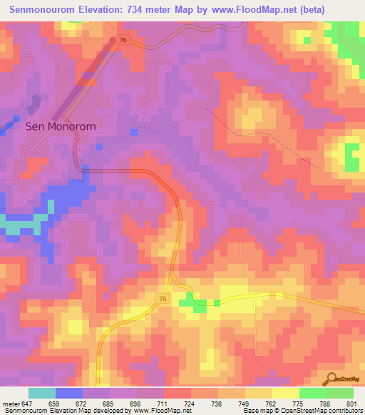 Senmonourom,Cambodia Elevation Map