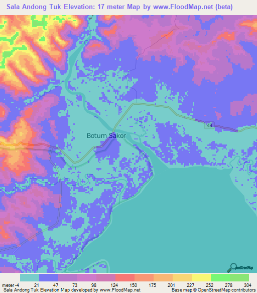 Sala Andong Tuk,Cambodia Elevation Map