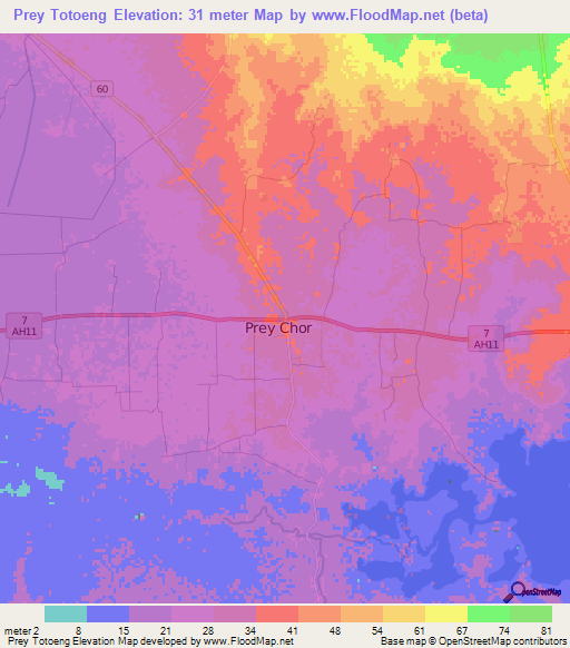 Prey Totoeng,Cambodia Elevation Map