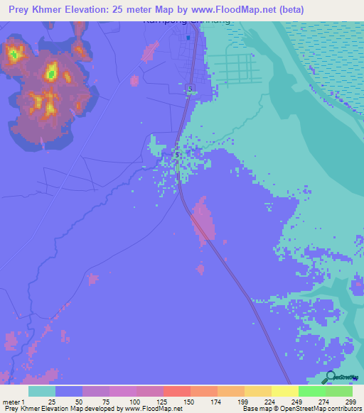 Prey Khmer,Cambodia Elevation Map