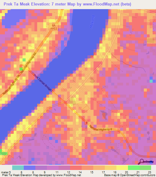 Prek Ta Meak,Cambodia Elevation Map