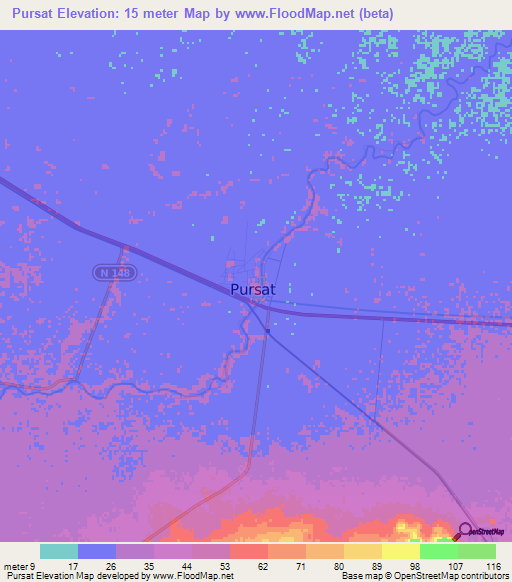 Pursat,Cambodia Elevation Map