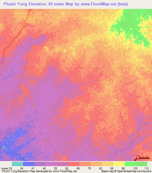 Phumi Yung,Cambodia Elevation Map