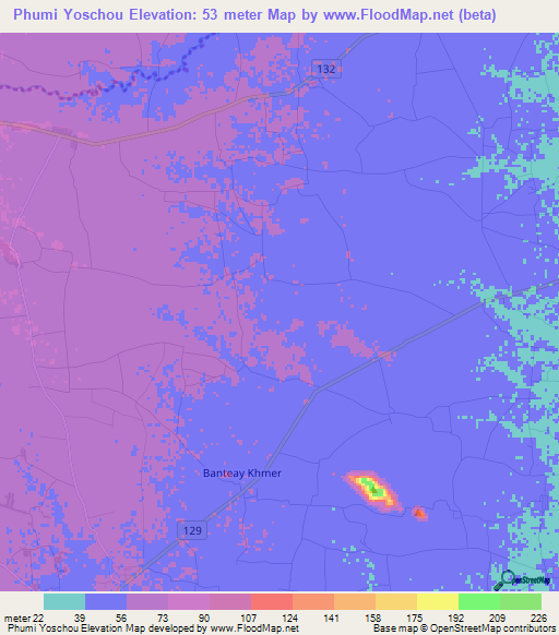 Phumi Yoschou,Cambodia Elevation Map