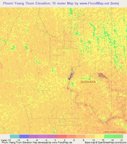 Phumi Yeang Thum,Cambodia Elevation Map