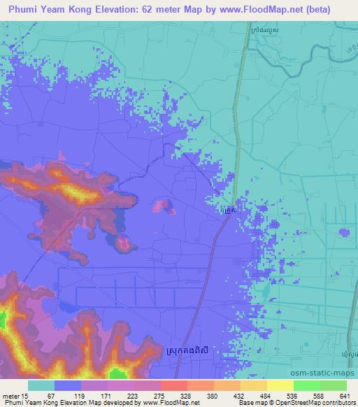 Phumi Yeam Kong,Cambodia Elevation Map
