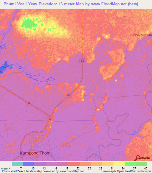 Phumi Voall Yeav,Cambodia Elevation Map