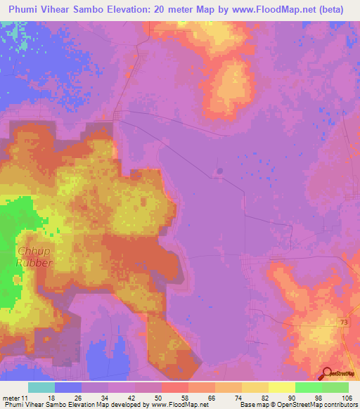 Phumi Vihear Sambo,Cambodia Elevation Map