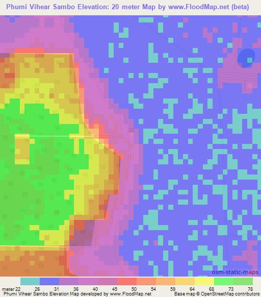 Phumi Vihear Sambo,Cambodia Elevation Map