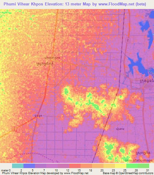 Phumi Vihear Khpos,Cambodia Elevation Map