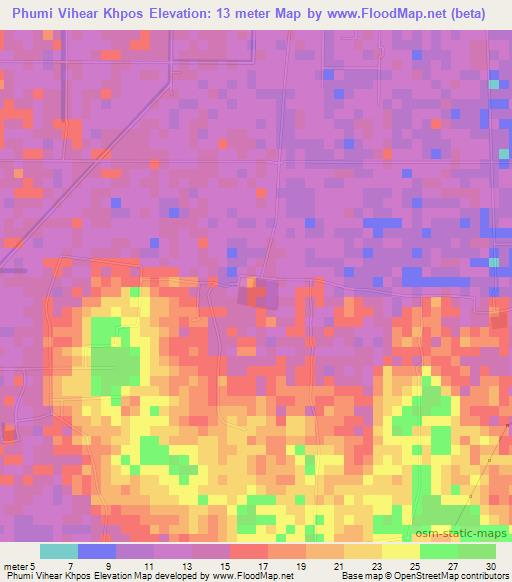 Phumi Vihear Khpos,Cambodia Elevation Map