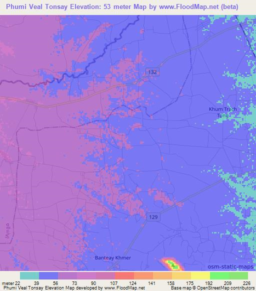 Phumi Veal Tonsay,Cambodia Elevation Map