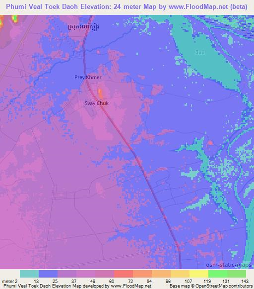 Phumi Veal Toek Daoh,Cambodia Elevation Map