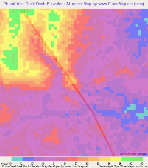 Phumi Veal Toek Daoh,Cambodia Elevation Map