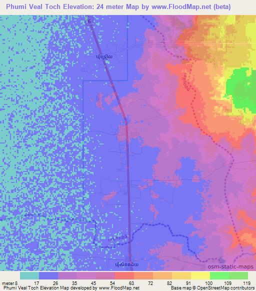 Phumi Veal Toch,Cambodia Elevation Map