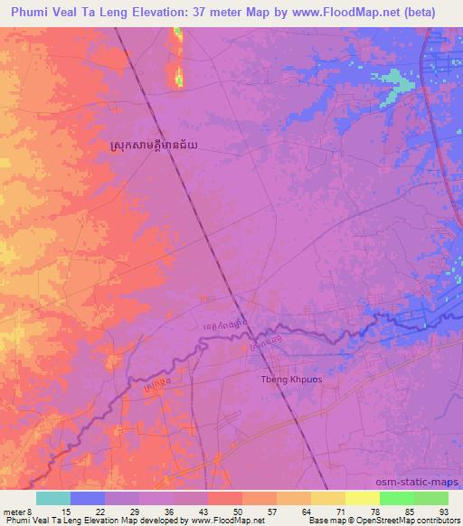 Phumi Veal Ta Leng,Cambodia Elevation Map