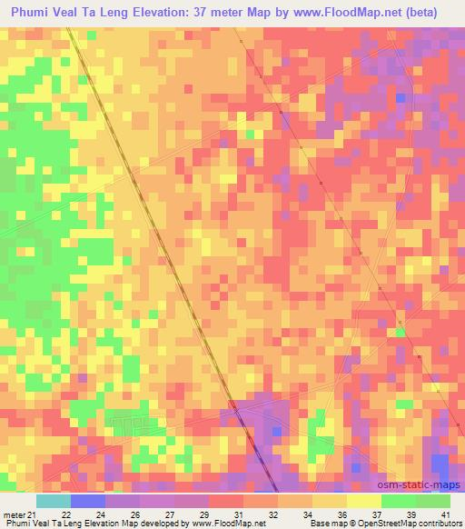 Phumi Veal Ta Leng,Cambodia Elevation Map