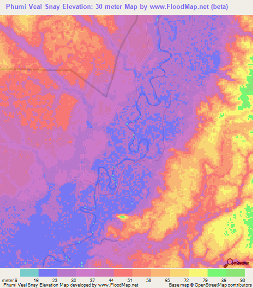 Phumi Veal Snay,Cambodia Elevation Map