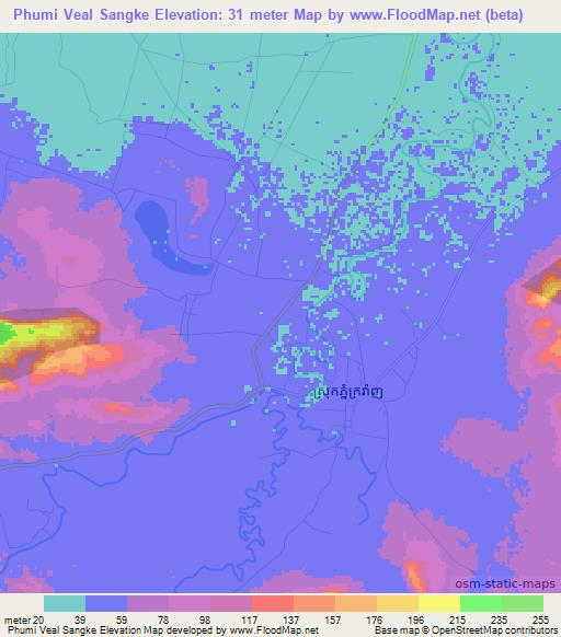 Phumi Veal Sangke,Cambodia Elevation Map