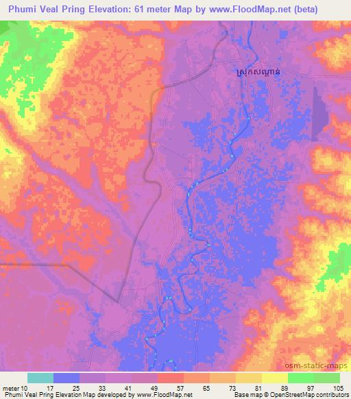 Phumi Veal Pring,Cambodia Elevation Map