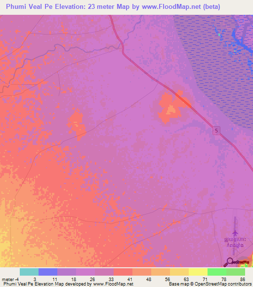 Phumi Veal Pe,Cambodia Elevation Map
