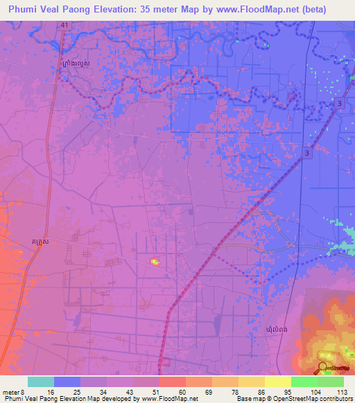 Phumi Veal Paong,Cambodia Elevation Map