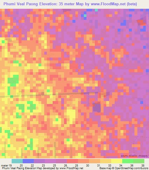 Phumi Veal Paong,Cambodia Elevation Map