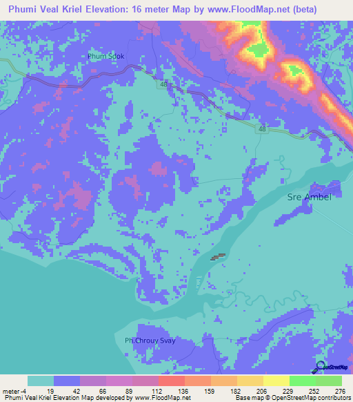 Phumi Veal Kriel,Cambodia Elevation Map