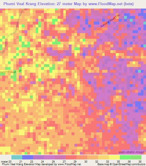 Phumi Veal Krang,Cambodia Elevation Map