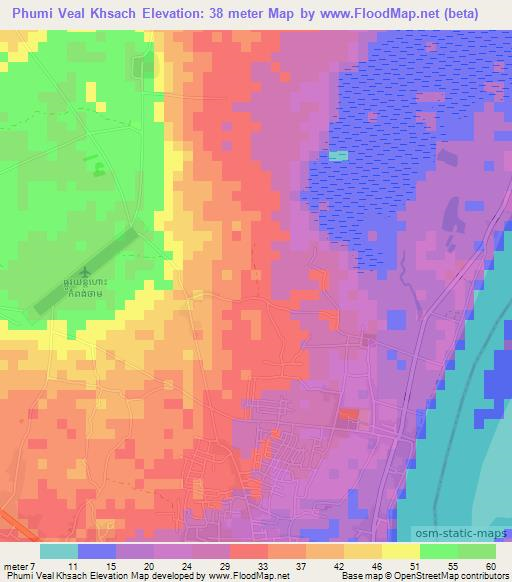 Phumi Veal Khsach,Cambodia Elevation Map
