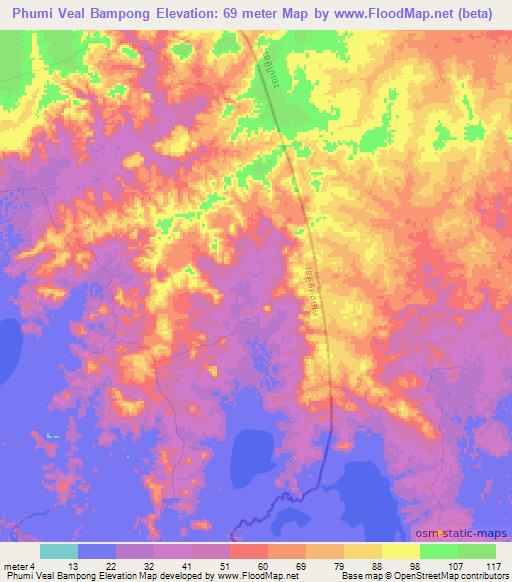 Phumi Veal Bampong,Cambodia Elevation Map