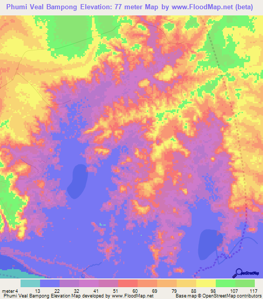 Phumi Veal Bampong,Cambodia Elevation Map
