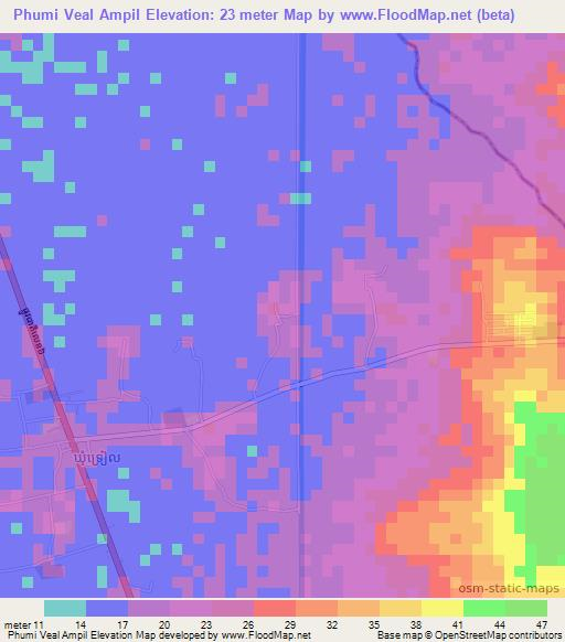 Phumi Veal Ampil,Cambodia Elevation Map