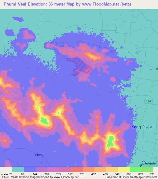 Phumi Veal,Cambodia Elevation Map
