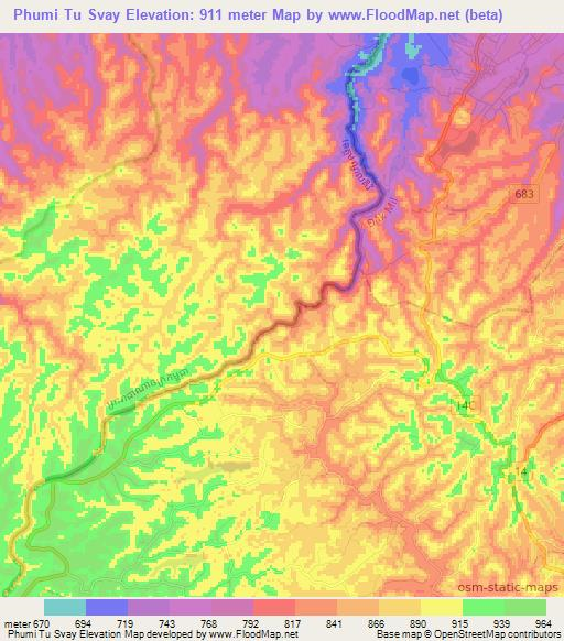 Phumi Tu Svay,Cambodia Elevation Map