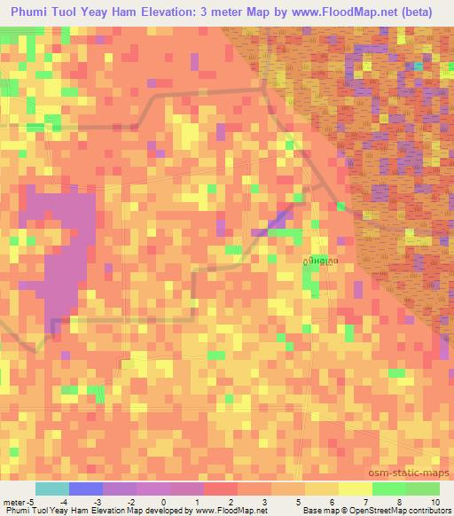 Phumi Tuol Yeay Ham,Cambodia Elevation Map